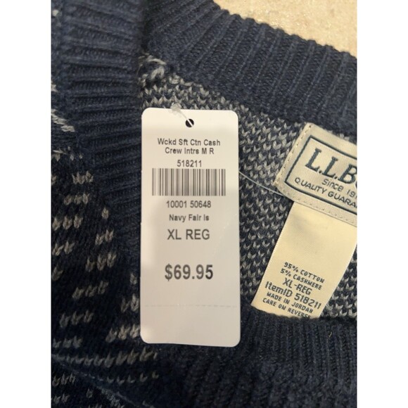 LL Bean Sweater Mens XL Blue Wicked Soft Cotton Cashmere Crewneck Snowflakes NWT - Picture 7 of 8